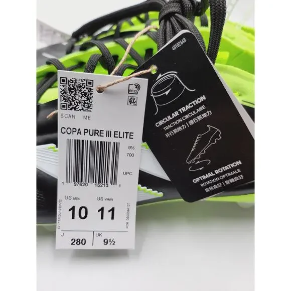 Size 10 Mens Adidas Copa Pure III Elite FG Core Black Green Soccer Cleats JH6304 - Picture 5 of 6